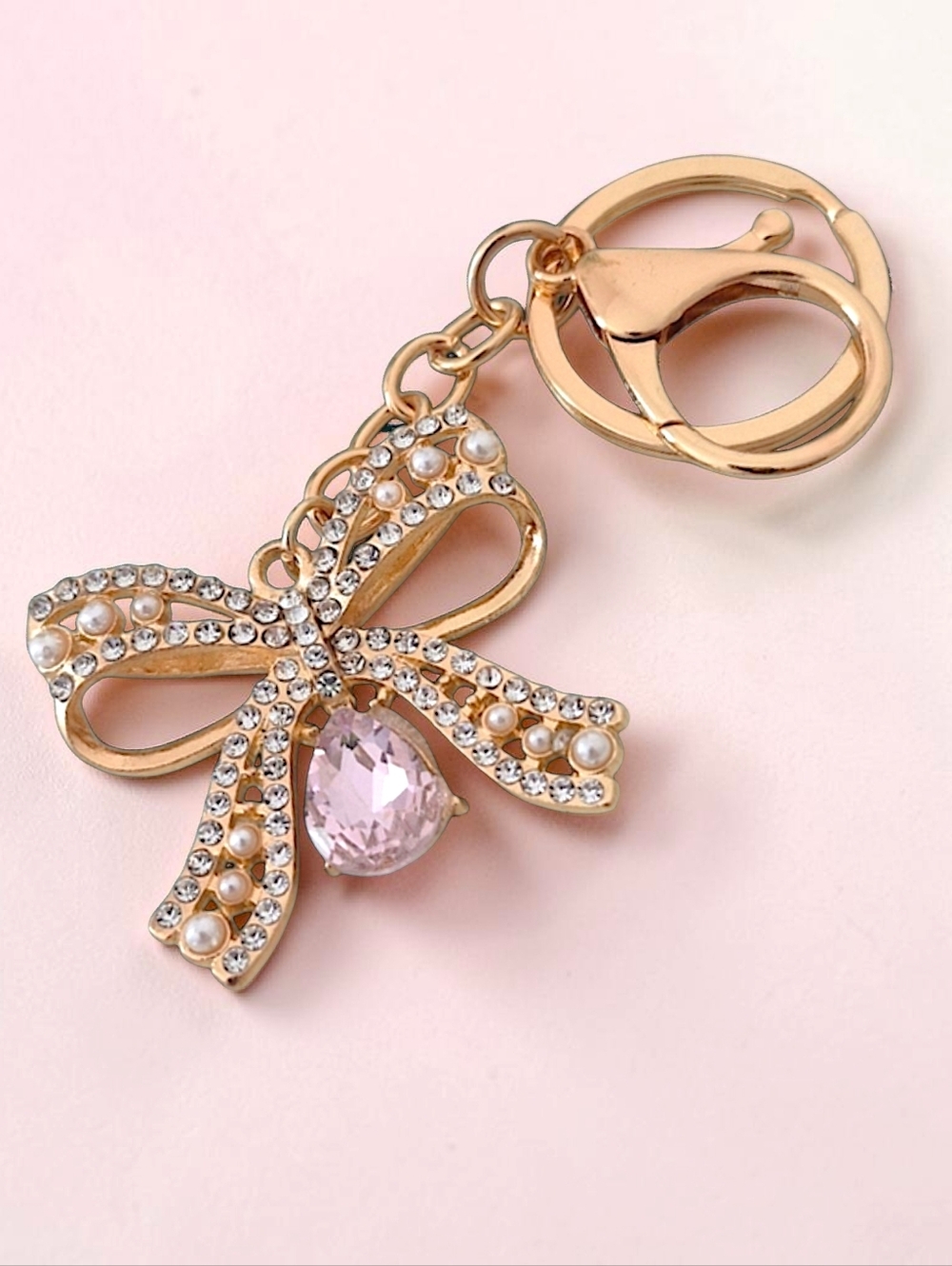 Elegant Pearl & Crystal Bow Bag Charm / Keychain with Pink Teardrop Gem